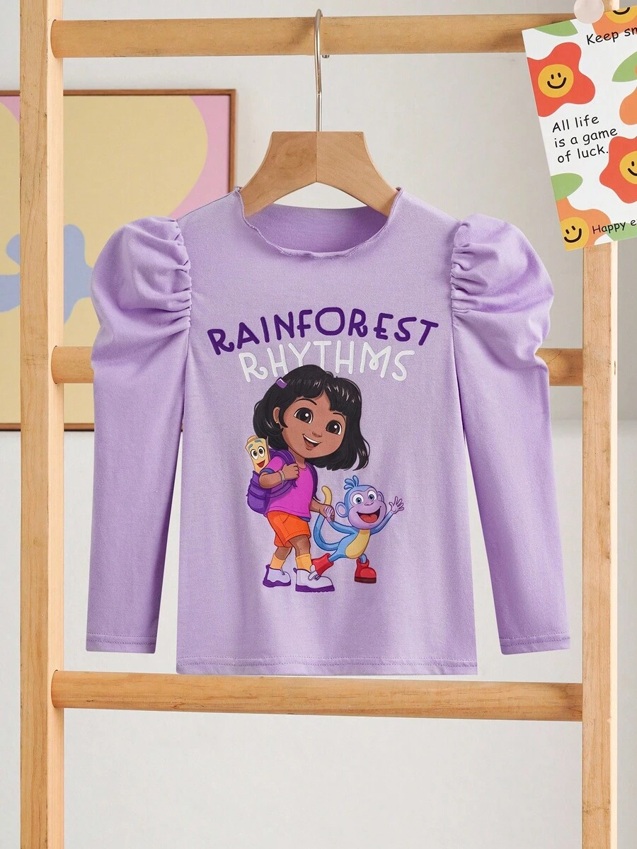 DORA | SHEIN Young Girl Cute Cartoon Letter Graphic Lettuce Trim Round Neck Gigot Long Sleeve Knit Comfortable Purple T-Shirt - Purple - View 1
