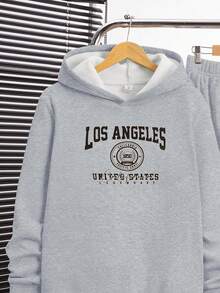 SHEIN 2pcs Teen Boys' English Logo Print Hoodie Sweatshirt & English Print Cuffed Pants Set, Suitable For Autumn, Winter, School, Home, Daily, Sports, Versatile & Minimalist;Grey;Boys Winter Clothes;Boys Fall Clothes - Light Grey - View 3