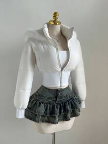 Elamini 女士时尚杏色拼接短款皮草连帽收腰立领长袖短款棉服外套，适合秋冬季 - 白色 - 查看 3