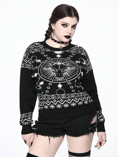 Chandail gothique noir à motif d'étoile, de lune et d'antilope, pour grandes tailles. pull d'automne/hiver pour femmes grandes tailles. pull casual gothique de Noël et Halloween pour grandes tailles. Hauts pour femmes grandes tailles au quotidien. Chandails pour grandes tailles. Streetwear, casual. Vêtements pour femmes grandes tailles.