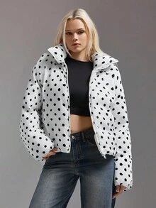 SHEIN ICON 女式波尔卡圆点印花超大高领长袖休闲棉服外套，秋冬 - 黑與白 - 查看 1