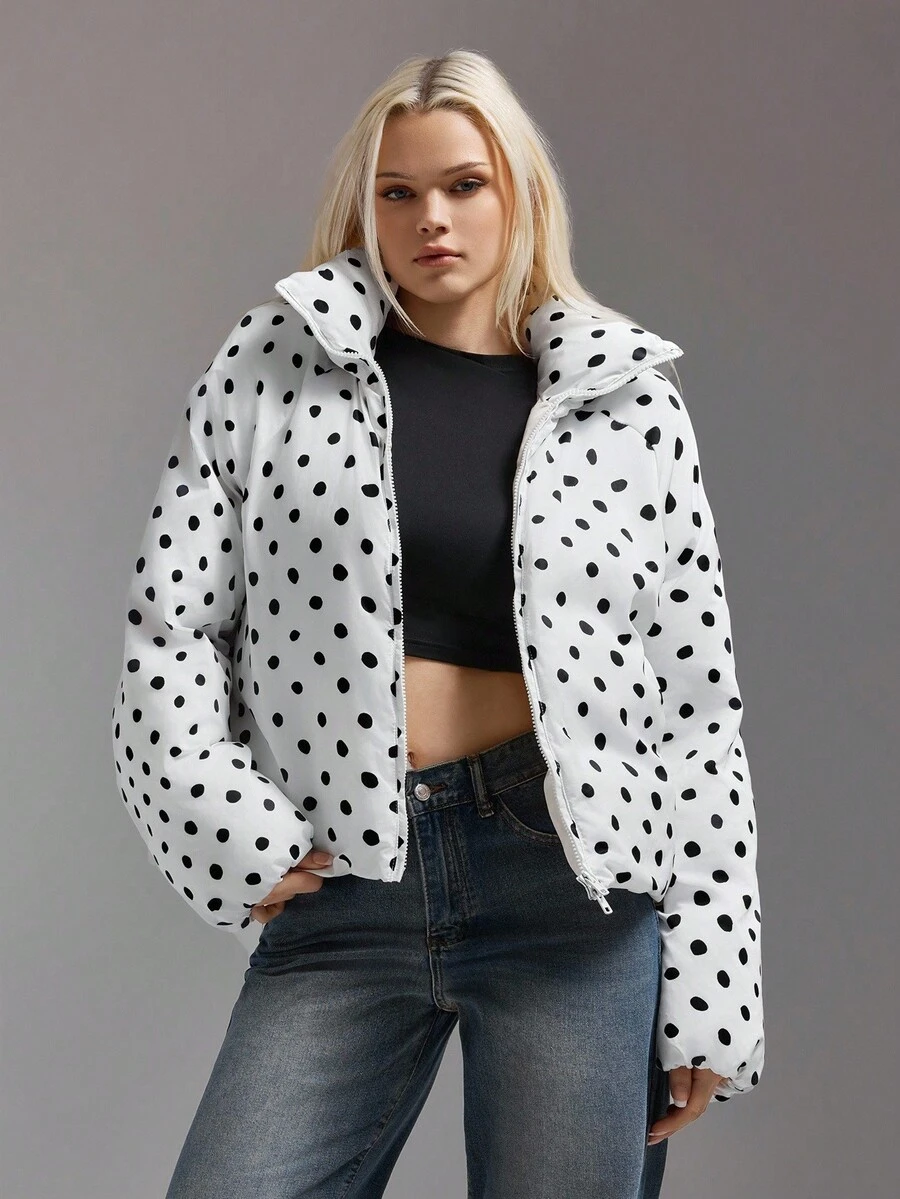 SHEIN ICON 女式波尔卡圆点印花超大高领长袖休闲棉服外套，秋冬 - 黑與白 - 查看 1