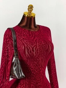 Amplova Váy ngắn nữ, họa tiết da báo, hở lưng gợi cảm, tay lưới mỏng, xẻ tà phía trước, thu/đông - Đỏ - Xem 4