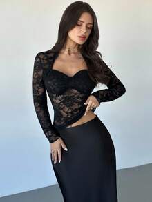 Firerie 1 件女士时尚优雅高弹力蕾丝拼布衬衫，收腰修身纯色长袖上衣 - 黑色 - 查看 6