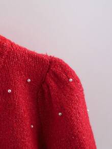 GlowEve Neuer modischer europäischer und amerikanischer Stil gemischte Farbe chic vielseitiger handgefertigter Perlstrick Roter Pullover