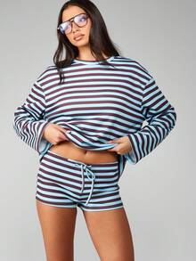 MISSGUIDED Casual Striped Co Ord Set Long Sleeve Knit Top With High Rise Cycling Shorts For Women Autumn Streetwear Winter Loungewear