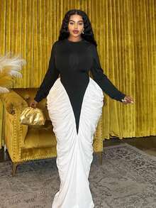 Veslaya 2025 Autumn/Winter Plus Size Women's Dress, Y2K Street Style, Elegant Ruched Colorblock Dress For School, Work, Party, Commute - Black and White - View 4