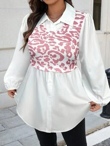 SHEIN LUNE 大码女式豹纹休闲长袖上衣，适合节日、感恩节、新年等场合，款式多样，包括束腰上衣、保守款上衣、曲线款上衣、大码女式衬衫、大码衬衫和罩衫。 - 淺粉色 - 查看 7
