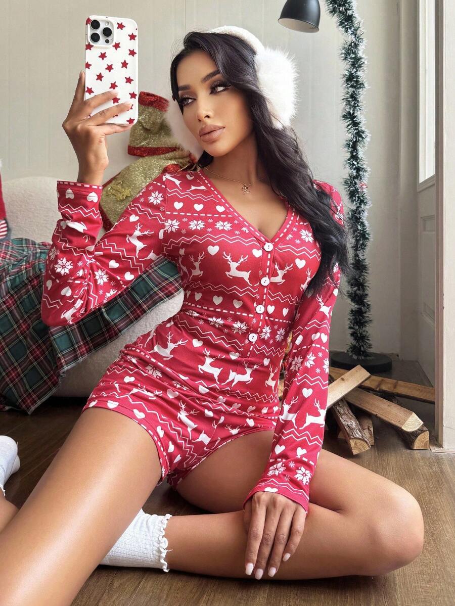 SHEIN 圣诞几何印花，小鹿，雪花，爱心卡通可爱女孩长袖睡衣连体衣，秋季圣诞睡衣，冬季 - 紅色 - 查看 1