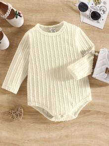 SHEIN Vintaside Kids 1件女嬰白色秋季基本款假日素色提花柔軟圓領長袖連身衣 春季日常穿搭 親子套裝 媽媽與我 - 米色 - 查看 3