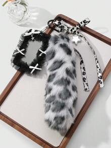 ROMWE Grunge Punk 1 件 Y2K 复古甜美哥特风格灰色毛绒动物豹纹假尾巴，皮革心形蝴蝶结，CCB 星形网纱蕾丝卡包，DIY 钥匙扣包包吊坠，适合上班族、学生和日常穿着，节日礼物，万圣节 - 灰色-46 - 查看 2