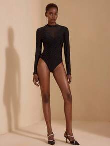 JIAN LASALA Tuta nera con collo alto, maglia luccicante, trasparente in rete, maniche lunghe, sexy, per feste, tuta casual a maniche lunghe da donna, tuta con paillettes, tuta da donna con paillettes, collezione di abbigliamento elegante e alla moda