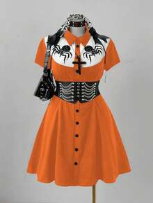 Sunspun Punk Chic Fashion Collared Casual Versatile Contrast Color Spider Print Waist Flare A-Line Dress - Orange - View 1