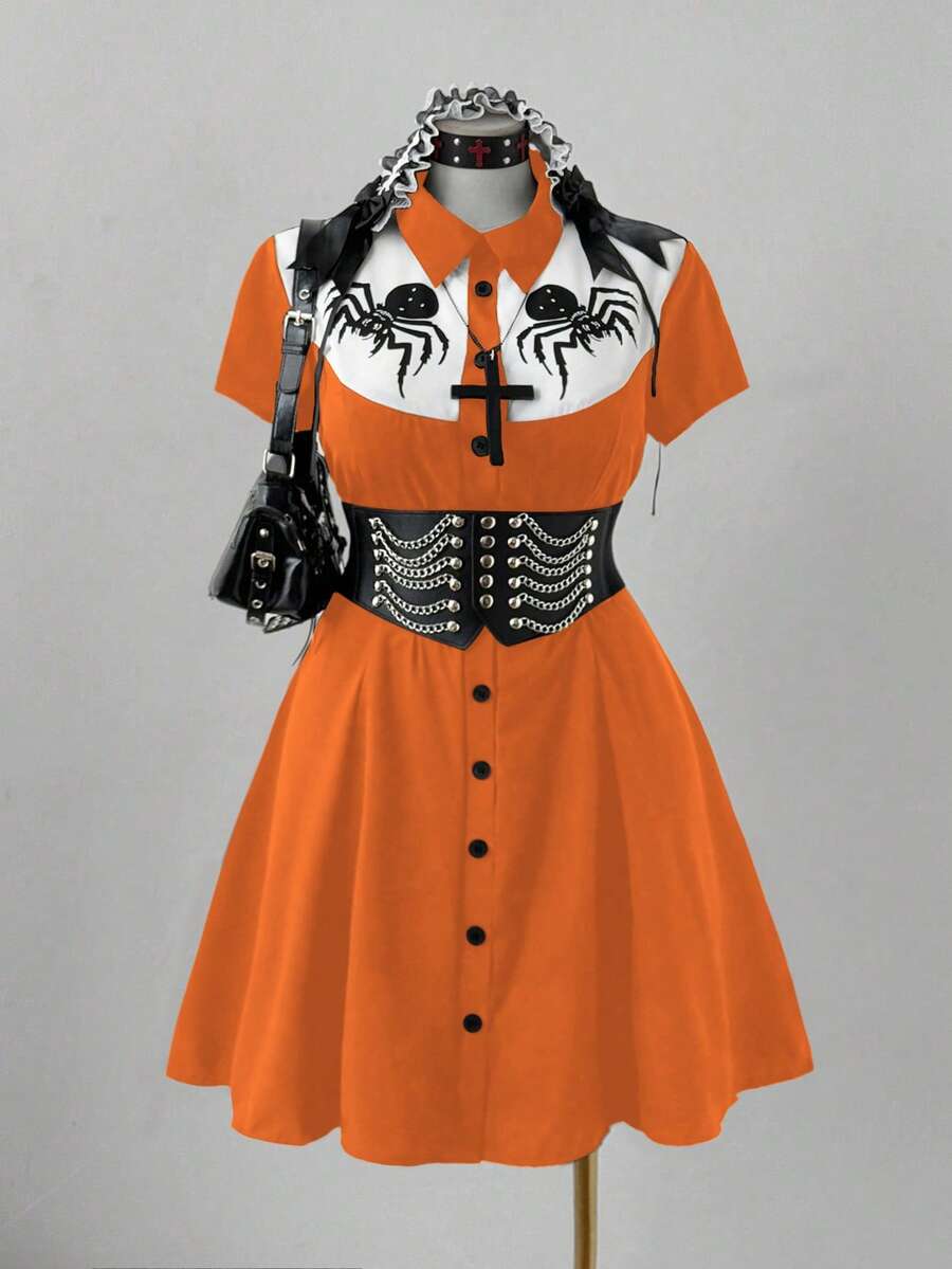 Sunspun Punk Chic Fashion Collared Casual Versatile Contrast Color Spider Print Waist Flare A-Line Dress - Orange - View 1