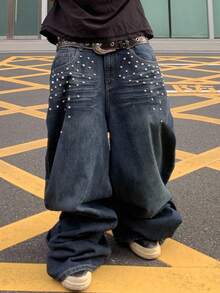 ROMWE MEN Street Life Men's Fashion Street Punk Rivet Decor Loose Wide-Leg Jeans, Belt Not Included - Dark Wash - View 8