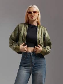 SHEIN ICON Women's Olive Green Cropped Baseball Jacket, Ribbed Collar, Loose Fit Long Sleeve Zip-Up Flight Jacket, Autumn/Winter - Army Green - View 3