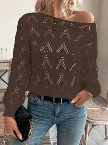 SHEIN LUNE Vacation Style Casual Hollow Floral Pattern Off Shoulder Loose Fit Pullover Sweater - Mocha Brown - View 5