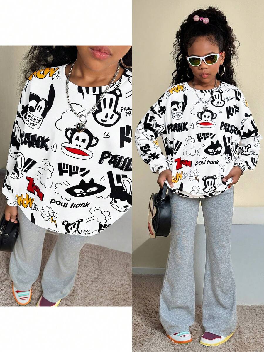 Paul Frank X SHEIN Tween Girl Fall/Winter Cartoon&Letter Graphic Oversize Pullover Sweatshirt,White With Black Polka Dots,Autumn,Streetwear,School,Back-To-School,Thermal - White - View 1