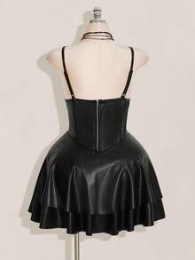 SHEIN ICON Đầm dự tiệc câu lạc bộ gợi cảm Y2K cỡ lớn cho nữ, váy ngắn hở lưng bằng da PU, màu đen - màu đen - Xem 2