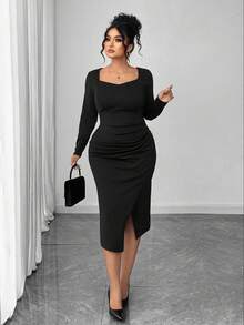SHEIN Elenzya Robe noire à manches longues, style minimaliste mode automne/hiver, boutons métalliques cousus à la main, grande taille pour femmes - Noir - Voir 5
