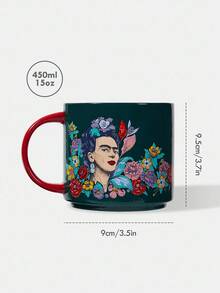 Frida Kahlo X SHEIN Figure And Floral Print 450ml Ceramic Mug, GIFTS - Green - View 4