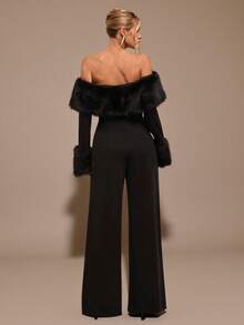 SHEIN BAE 黑色露肩毛绒连体裤，紧身长袖毛衣连体裤，保暖内衬厚秋冬连体裤，适合鸡尾酒会、浪漫约会、分层穿着、聚会、派对、正式活动、万圣节、圣诞节 - 黑色 - 查看 2