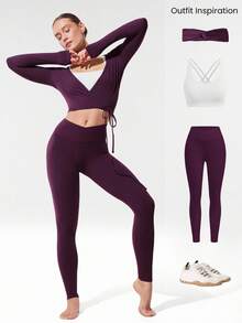 GLOWMODE Áo croptop tay dài cổ chữ V buộc eo FeFeatherFit™ dành cho yoga cường độ thấp, thích hợp sử dụng hàng ngày. - Cola anh đào - Xem 6