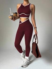 Dewbera Contrast Trim Hollow Back Camisole & Leggings Sports Suit - Brown - View 2