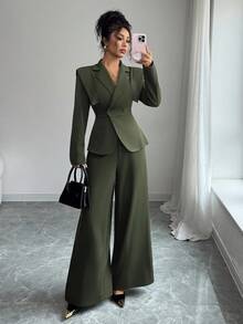 Elenzga 2 件套女士优雅西装套装：缺口领长袖梭织夹克，收腰设计，配阔腿裤，适合秋冬的多功能商务/休闲装 - 綠色 - 查看 5