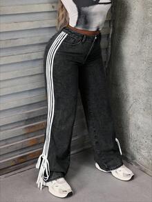 Slaydiva 宽松高腰牛仔裤，侧边系带，欧美风 - 深灰色 - 查看 3