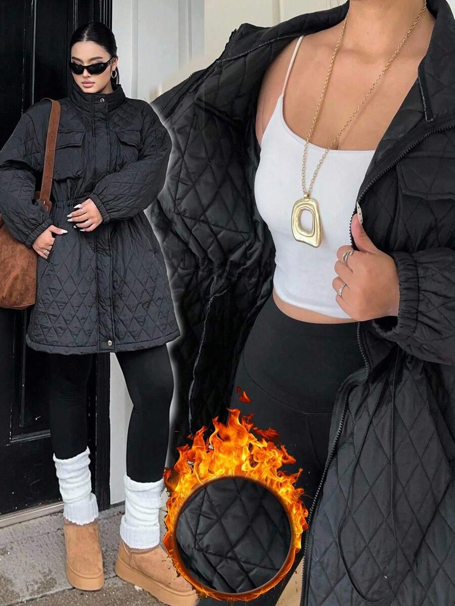 Flirla 秋冬新款韩版时尚宽松设计绗缝菱形图案收腰长袖棉衣女中长款加厚风衣外套 - 黑色 - 查看 1