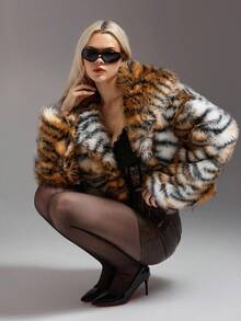 SHEIN ICON 女式虎纹仿毛领长袖夹克，秋冬 - 彩色 - 查看 1