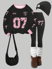 Slaydiva Black Pink Cute Women's Crew Neck Sweatshirt And Leggings Set Autumn School Back-To-School Y2K Number 07 Bow Graphic Casual Streetwear Outfits - Multicolor - View 1