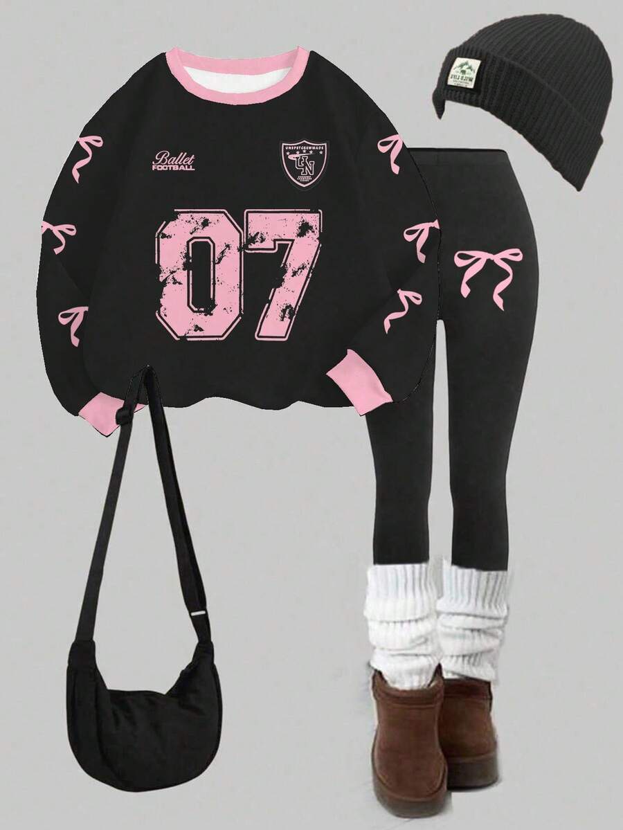 Slaydiva Black Pink Cute Women's Crew Neck Sweatshirt And Leggings Set Autumn School Back-To-School Y2K Number 07 Bow Graphic Casual Streetwear Outfits - Multicolor - View 1
