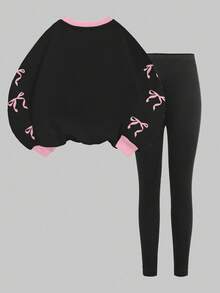 Slaydiva Black Pink Cute Women's Crew Neck Sweatshirt And Leggings Set Autumn School Back-To-School Y2K Number 07 Bow Graphic Casual Streetwear Outfits - Multicolor - View 2