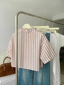 Flirla 条纹短款宽松休闲女式超大袖口衬衫，亚麻质地女式衬衫 - 彩色 - 查看 2
