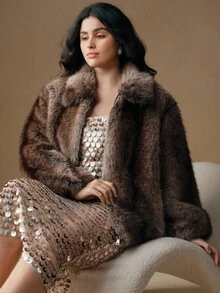 Anewsta Plus Size Women Retro Faux Fur Zipper Jacket - Brown - View 3