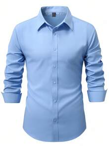 Manfinity Mode Men's Fuchsia Long Sleeve Casual Business Shirt Blue Dress Shirt Men Light Blue Shirts Baby Blue Shirts For Men Business Casual Men Shirt Slim Fit Dress Shirt Men - Baby Blue - View 3