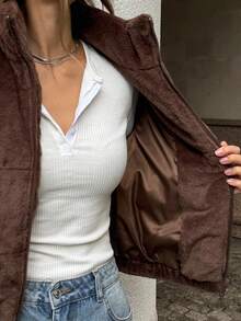 SHEIN BAE 女式休闲纯色立领夹克，秋冬 - 咖啡棕 - 查看 9