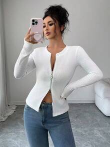 Modelyn Blouse femme à col rond, taille double-zip, style jacquard à la française - Blanc - Voir 1