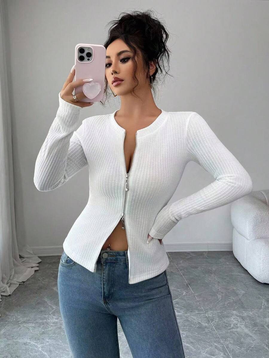 Modelyn Blouse femme à col rond, taille double-zip, style jacquard à la française - Blanc - Voir 1