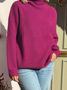 Vivie Lora Women's Loose Fit Turtleneck Solid Fuchsia Sweater - Pink - View 5