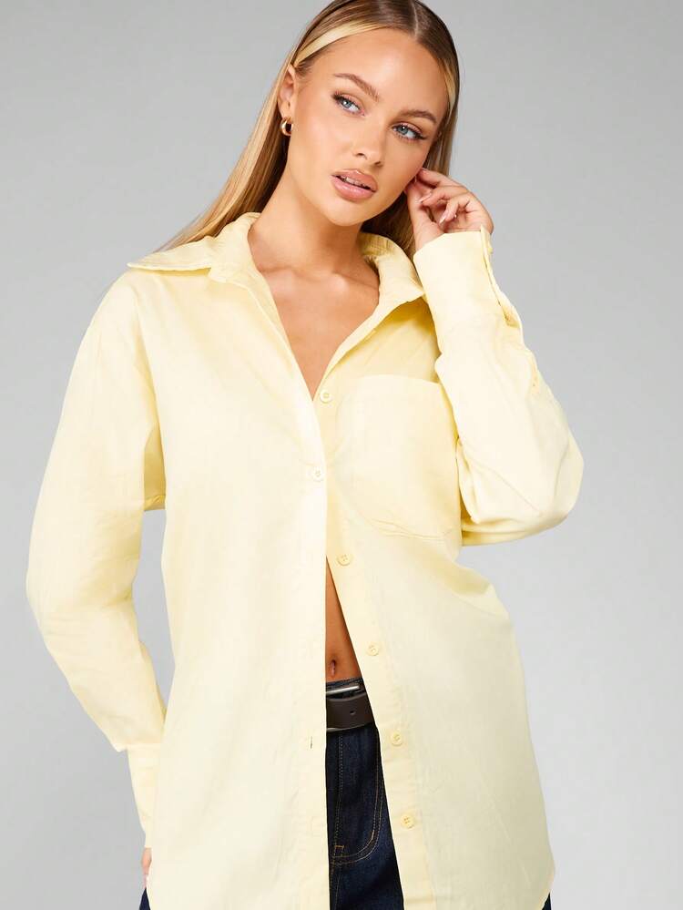 MISSGUIDED Oversized Cotton Casual Button Down Collared Blouse Feminine Long Sleeve Office Wear Split Back Self Tie Shirt Lightweight Business Professional Autumn Spring Workwear Tunic Top