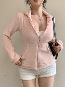 DAZY Women's Fitted Casual Fleece Jacket, Fashion Sporty Sweatshirt Outerwear, Autumn/Winter Women Coats - Pink - View 2