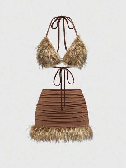 ROMWE Avant Set da 2 pezzi da donna con reggiseno a triangolo soffice e vita super bassa, stile hippie chic