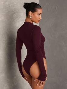 SHEIN BAE 女式黑色纯色舒适针织长袖简约褶皱修身紧身衣，百搭日常休闲穿着 - 紫紅色 - 查看 2