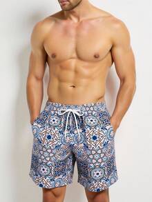Manfinity KASUA Men's Summer Vacation Style All-Over Print Drawstring Waist Slant Pocket Beach Shorts