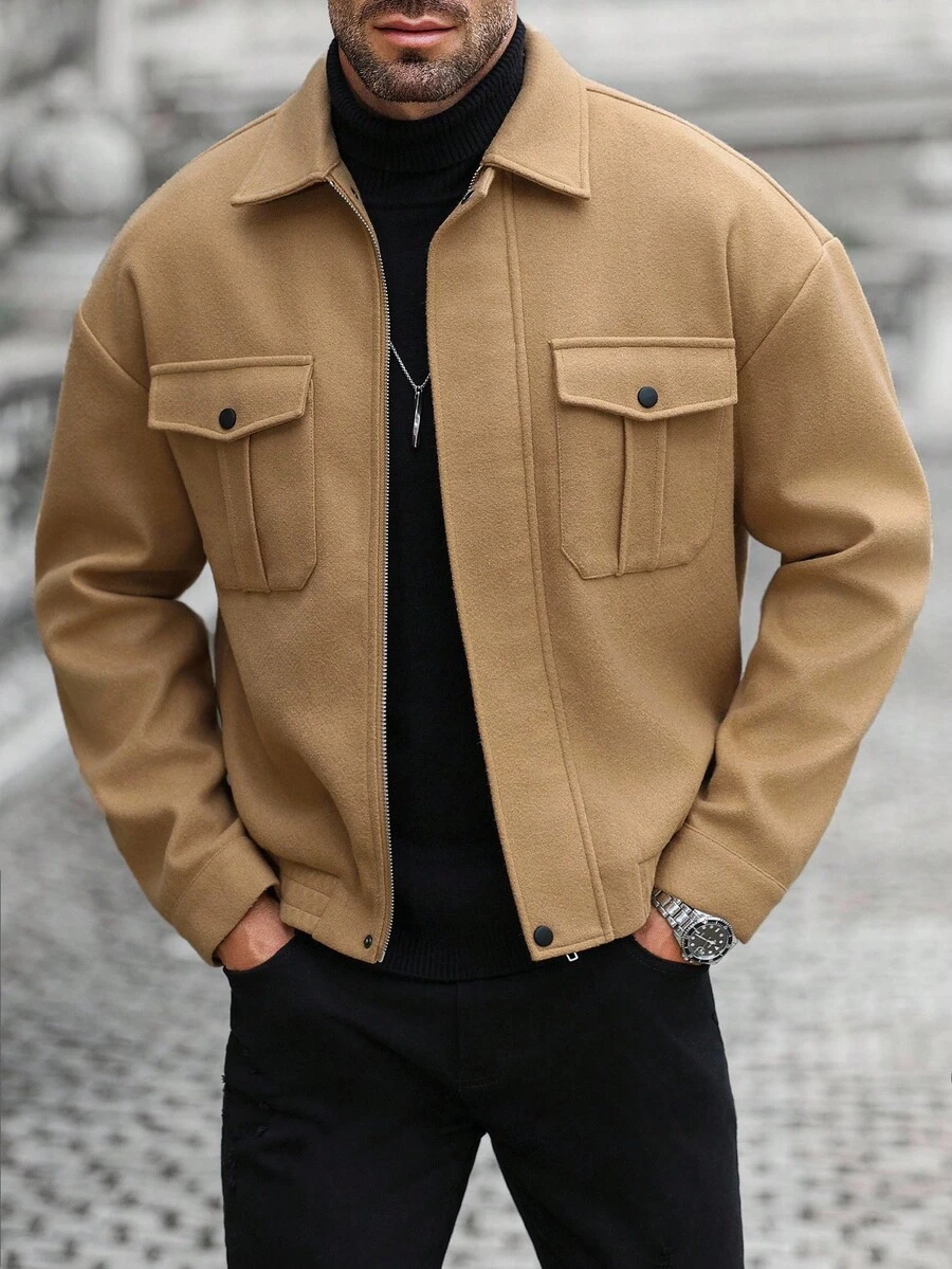 Manfinity CasualCool 男士纯色长袖拉链领口袋休闲外套，秋冬款 - 咖啡棕 - 查看 1