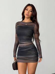 SHEIN PETITE 女式扎染印花圆领长袖褶饰修身休闲迷你连衣裙 - 彩色 - 查看 5