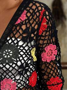 Travachic Áo len cardigan tay dài dáng rộng, buộc dây, khoét lỗ cỡ lớn - màu đen - Xem 6